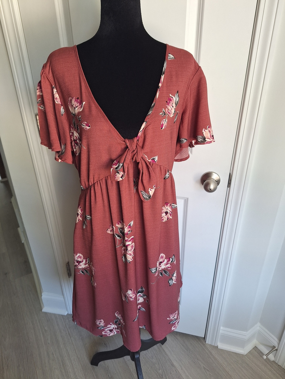 Country Red Rust Floral Tie-Front Dress